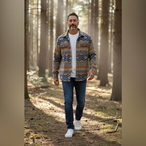 Men's Blue and Orange Patterned Snap Fleece Shirt Jacket